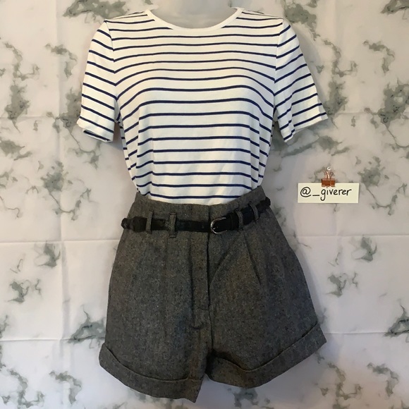 Large Gray Tweed Cuff Hem Woven Shorts w Black Belt - Picture 2 of 15